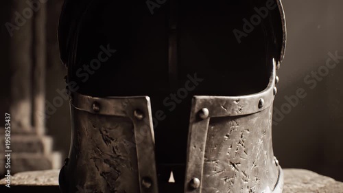 A close-up, antique metal helmet of a medieval warrior, set against a dimly lit, rustic background