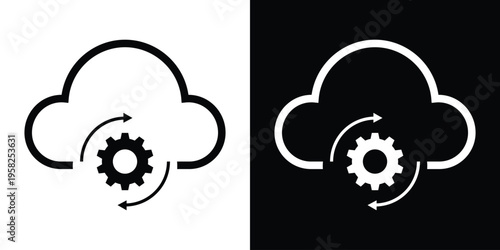 Cloud icon with a rotating gear and arrows. Symbolizes cloud computing, data processing, system synchronization, automated updates, and web-based infrastructure maintenance.