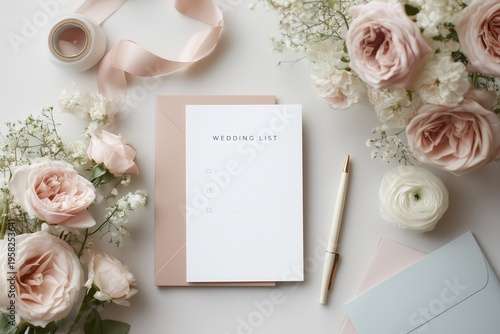 Wedding checklist flat lay with flowers and stationery wedding planning