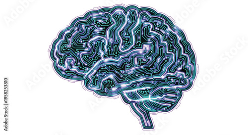 Glowing blue and green illustration of a human brain on a white background with neon-like lines and a futuristic feel.