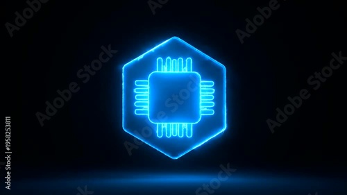 Glowing blue microchip in hexagon.