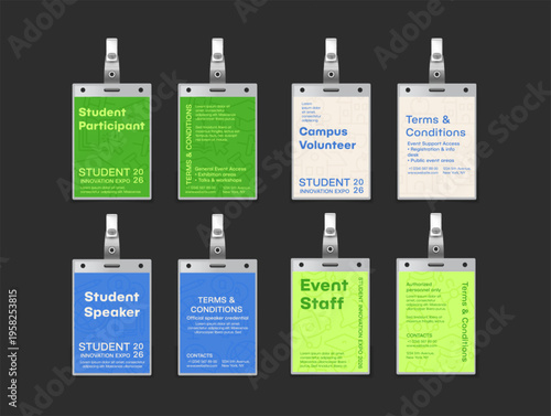 A set of student ID cards for various roles and events at the exhibition, highlighting opportunities for participation and volunteer work.