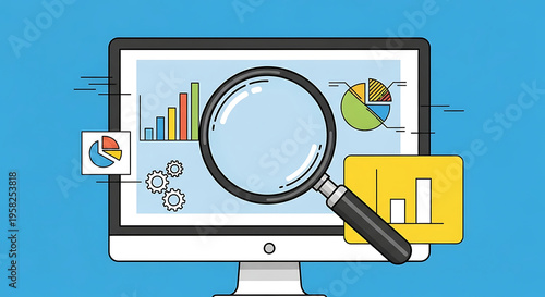 A magnifying glass examines a computer monitor displaying graphs and charts on a blue background with various statistical illustrations.