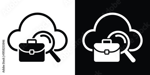 Cloud icon with briefcase and magnifying glass. Represents online recruitment, remote job searching, digital career finding, and cloud-based human resources technology solutions.
