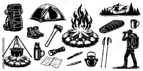 Camping and hiking equipment black silhouettes set. Outdoor adventure gear like tent, backpack, campfire, and mountain landscape isolated