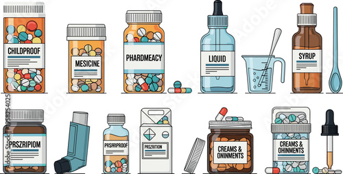 Medical and Pharmaceutical Bottles Vector Set with Medicine, Syrup, Pills, Prescription, and Healthcare Items for Health and Pharmacy Design
