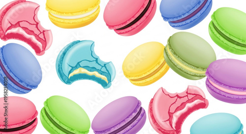 Colorful macarons scattered on a white background some bitten into showcasing various flavors and textures in a vibrant arrangement