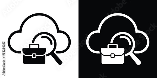 Cloud icon with briefcase and magnifying glass. Represents online recruitment, remote job searching, digital career finding, and cloud-based human resources technology solutions.