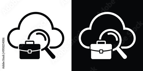 Cloud icon with briefcase and magnifying glass. Represents online recruitment, remote job searching, digital career finding, and cloud-based human resources technology solutions.