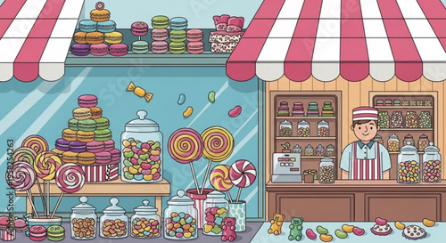 Colorful candy store with sweets on display and smiling shopkeeper standing behind counter