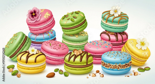 Colorful macarons with nuts and flowers on white background sweet dessert concept