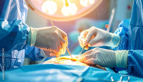 Surgeons Performing Complex Operation Under Bright Surgical Lights.