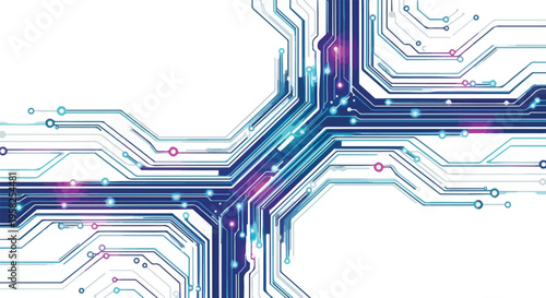Close-up of a vibrant circuit board design with glowing blue and pink lines on a white background, showcasing intricate electronic pathways.