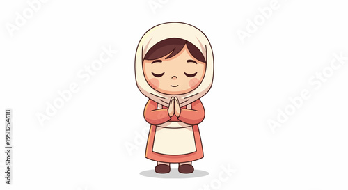 A cartoon illustration of a young girl wearing a headscarf with her hands clasped together in prayer against a plain white background with a gentle and serene mood.
