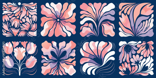 Collection of eight square graphic modules displaying abstract, flowing floral and plant forms rendered in muted pink, peach, and violet watercolor textures.