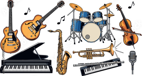 Musical Instruments Vector Set with Guitar, Piano, Drums, Violin, Trumpet, Saxophone, and Microphone for Music, Band, and Performance Design