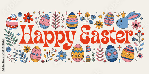 Retro typography spells out Happy Easter surrounded by small patterned eggs and detailed floral motifs across a light cream background.