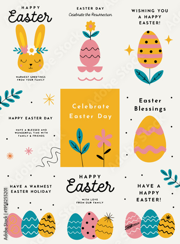 A collection of small colorful greeting card templates and stickers features yellow bunny faces, stylized decorated eggs, and explicit text messages celebrating the Christian religious observance of.