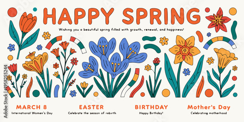 Wide horizontal banner graphic celebrating happy spring with abundant stylized flowers, daffodils, and text marking major holidays like March 8th and Easter.