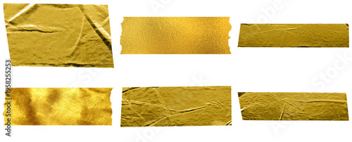 Collection of gold foil tape pieces with crumpled textures and torn edges, isolated on a transparent background.
