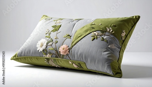 Elegant Embroidered Floral Pillow with Green Accents.