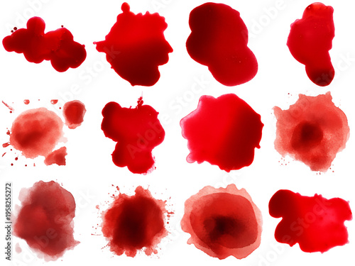 Various red liquid splatters, drips, and stains, isolated on a transparent background.