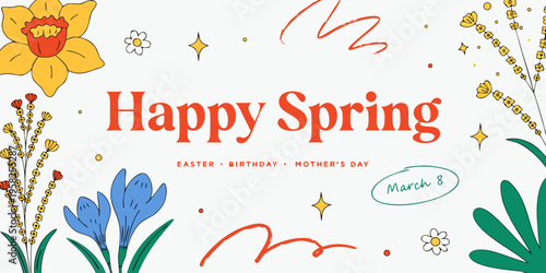Brightly colored banner graphic wishing viewers a happy spring season adorned with stylized daffodil, crocus, and various foliage elements on a white background.