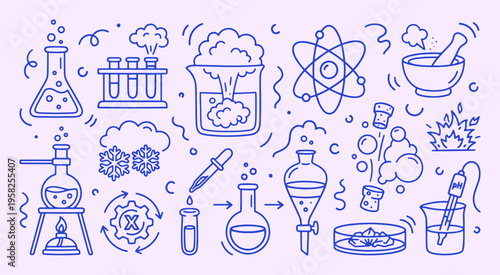 Science chemistry doodle collection with clean outline style. Flask, atom, test, pipette, burner, mortar. Educational laboratory elements for school materials, research visuals and experiment design.