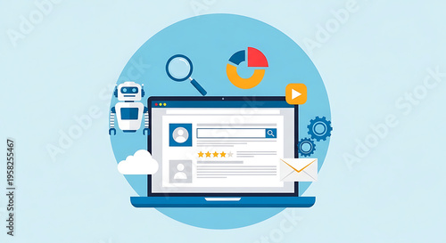 A person interacts with a laptop computer displaying a webpage surrounded by various interface elements and icons.