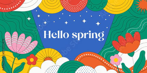 Bright floral border frames the text Hello spring set against a central deep blue field with scattered white star accents above rolling hills.