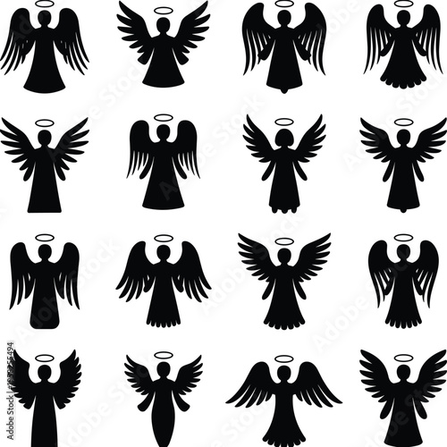 Angel silhouette collection, heavenly winged figures set, spiritual guardian icons, isolated black celestial characters, religious flat vector illustration