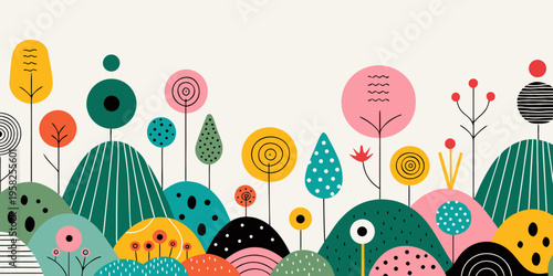 A collection of whimsical, abstract, simplified trees and rolling hills presents a charming, flat design backdrop utilizing a muted pastel color palette for graphic use.