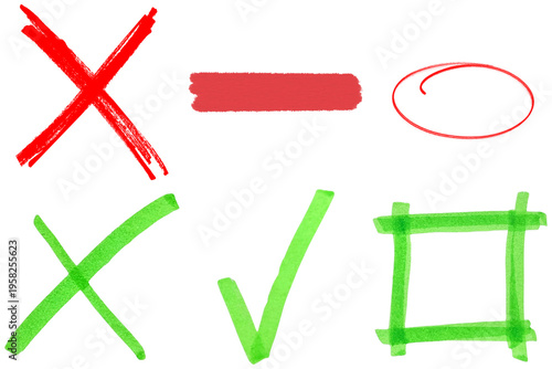 Photograph of hand-drawn red and green marker correction marks, isolated on transparent background.