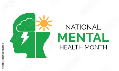Mental health month illustrations with hands, mind, and support concepts in modern green design.