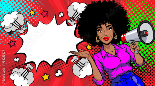 Pop Art African American Woman with Megaphone - Retro Comic Book Style Illustration with Afro Girl in Purple Shirt and Red Speech Bubble
