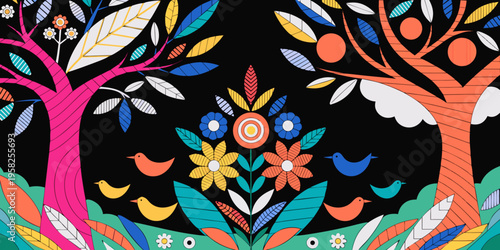 Symmetrical folk art style illustration presents two colorful stylized trees flanking a central floral arrangement with small birds perched nearby against black.