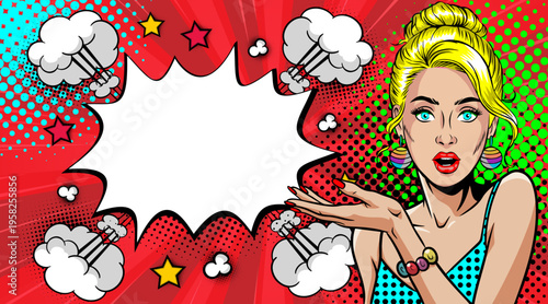 Pop Art Surprised Blonde Woman with Hair Bun Gesturing - Retro Comic Book Style Illustration with Red Speech Bubble and Comic Elements