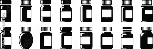 Pill bottle silhouette icon set, medicine container symbol