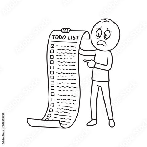 Vector cartoon illustration of overwhelmed stressed stick figure man holding and looking at long to-do list
