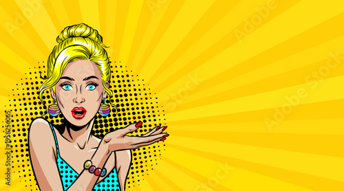 Pop Art Surprised Blonde Woman Gesturing - Retro Comic Book Style Illustration on Yellow Sunburst Background