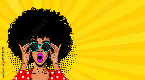 Pop Art Surprised African American Woman with Afro Hair and Sunglasses - Retro Comic Book Style Illustration on Yellow Sunburst Background
