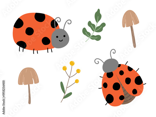 Ladybug vector set with mushrooms and garden elements for nursery decor. Childish minimalist beetle illustration on white background. Hand-drawn doodle style for baby textiles and stationery.