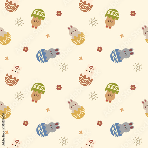 Rabbit in eggshell cartoon so cute. On flower sun background. Pattern seamless vector illustration. 