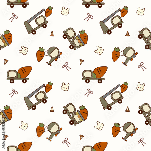 Carrot on vehicle cartoon so cute. On crane truck cement mixer truck helicopter traffic cone rabbit bow background. Pattern seamless vector illustration. 