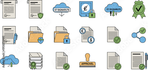 Document management and digital signature icon set featuring secure files approval certification cloud storage and verification symbols vector