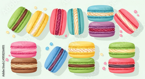 Colorful macarons arranged in rows on a light background with scattered sprinkles