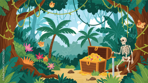 Mysterious tropical jungle setting reveals a skeleton guarding an open wooden treasure chest overflowing with sparkling gold coins.