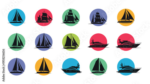 Collection of nautical icons features various silhouettes of sailboats and modern luxury yachts set against vibrant circular backgrounds.