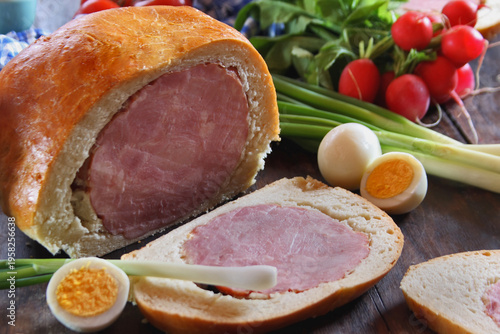 Easter ham in bread dough. Selective focus
