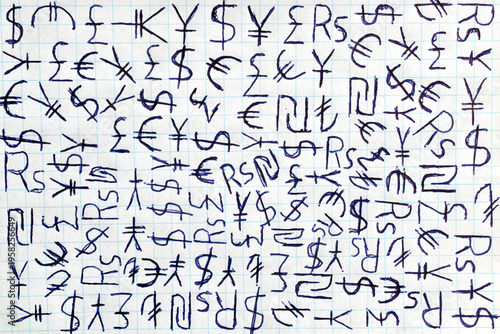 Drawing with a pen on a sheet of school notebook of currency signs and symbols.